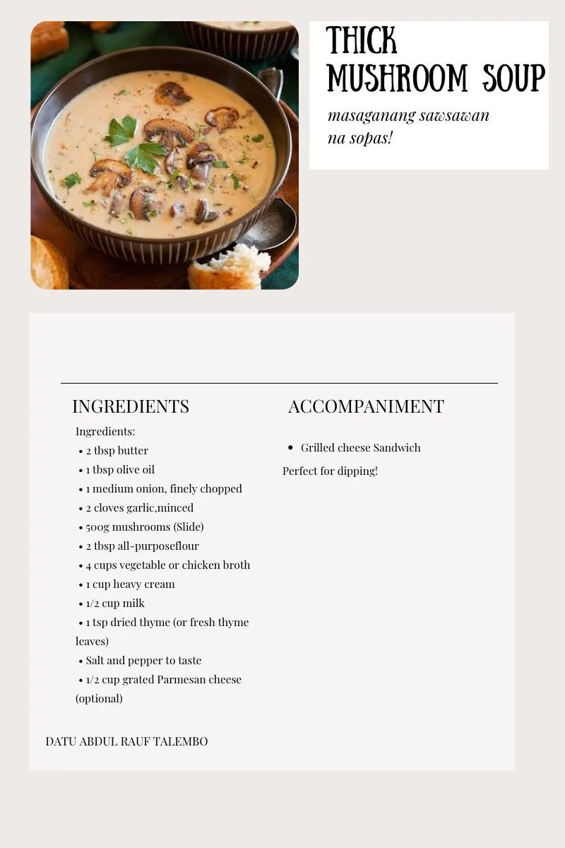 A recipe card for 'Thick Mushroom Soup' features a photo of a creamy soup in a bowl with mushrooms and parsley, accompanied…
