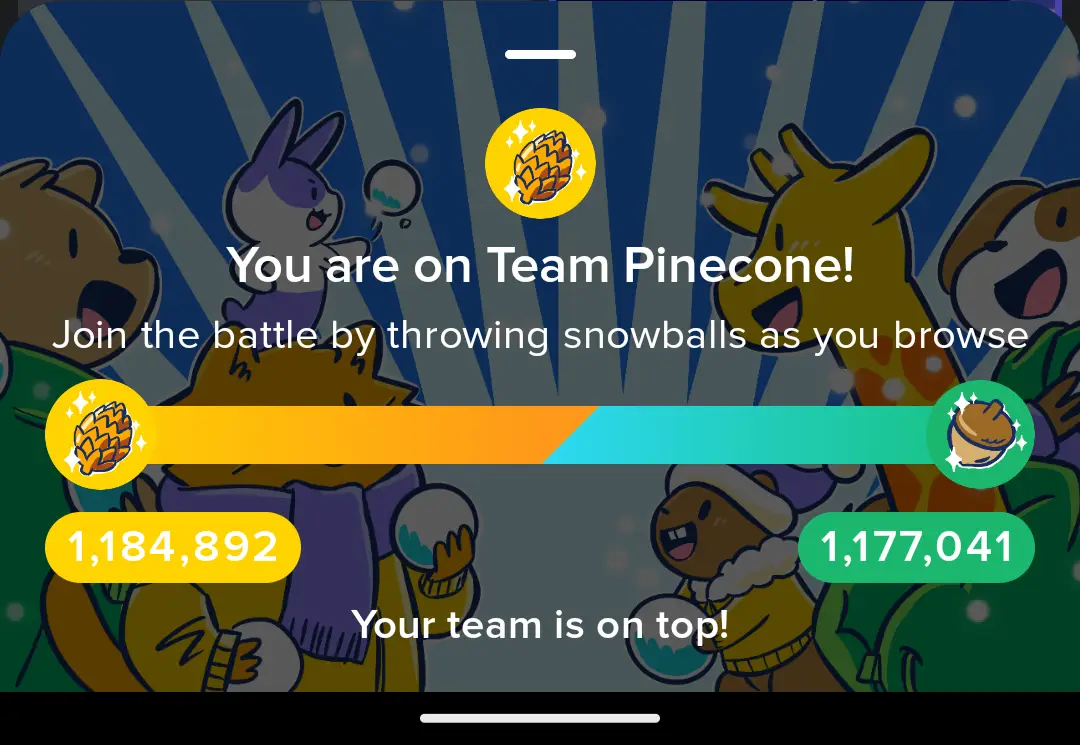 A screenshot of a mobile game interface showing a snowy battle scene with cartoon animals cheering. The text announces 'You…