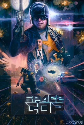 A sci-fi movie poster features a large central figure in a helmet and sunglasses holding a futuristic gun, with smaller…
