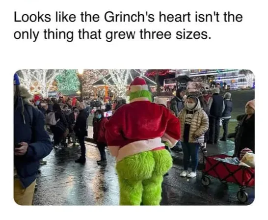 A person in a full-body Grinch costume, viewed from behind, stands in a crowded outdoor Christmas market. The costume…