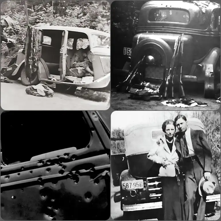a four-panel black-and-white photo collage showing a damaged vintage car: one panel shows the car's interior riddled with…