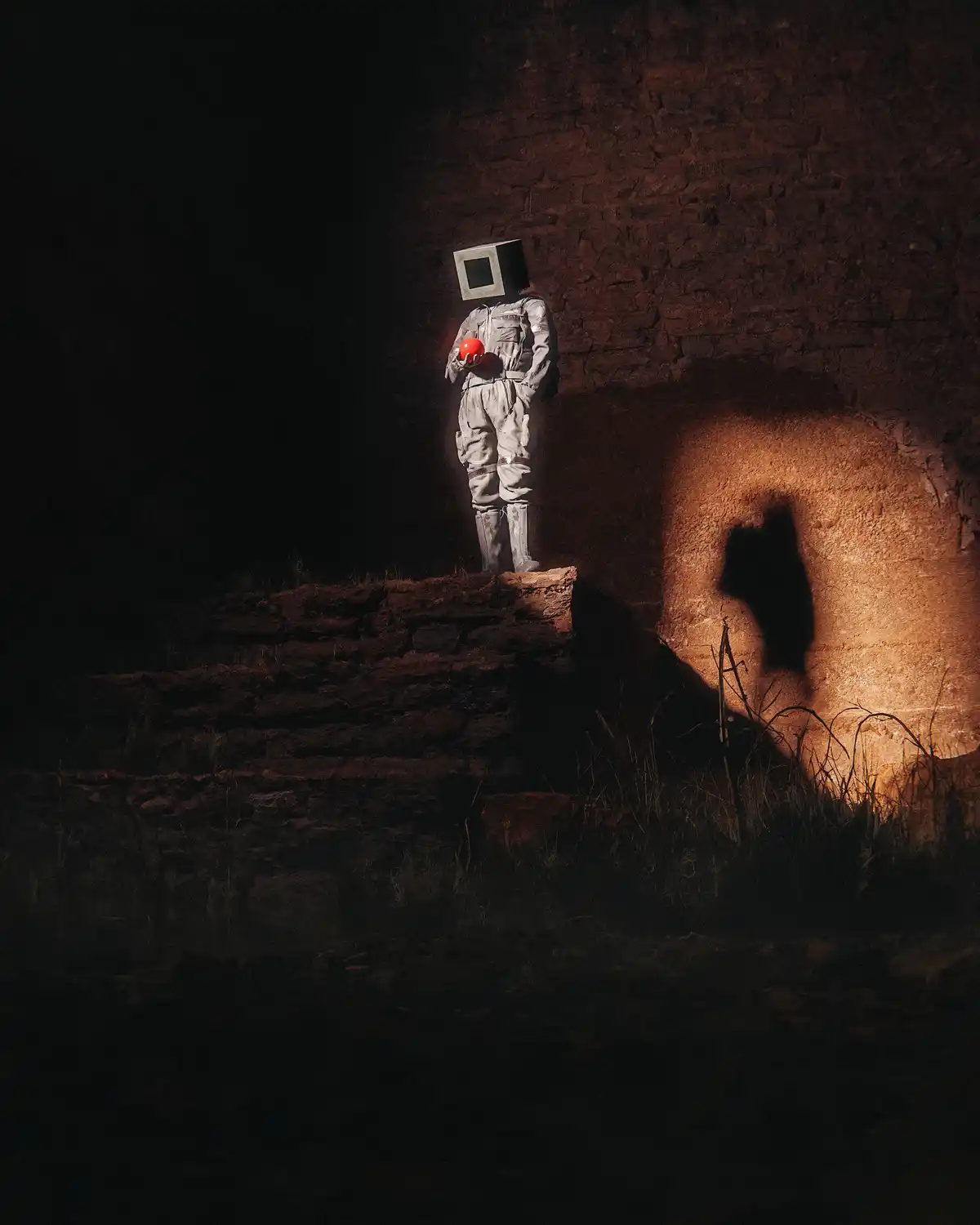 A person in a full-body grey jumpsuit stands on a rocky ledge in a dimly lit, reddish-brown brick-walled area, holding a…