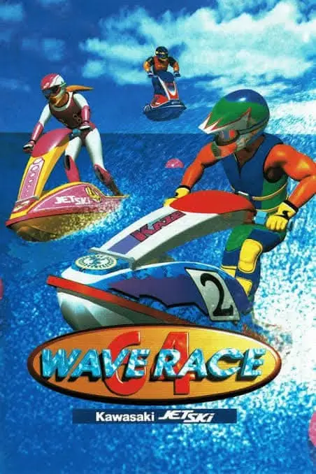 A promotional image for the video game 'Wave Race 64' shows three cartoonish jet skiers racing on a bright blue ocean under…