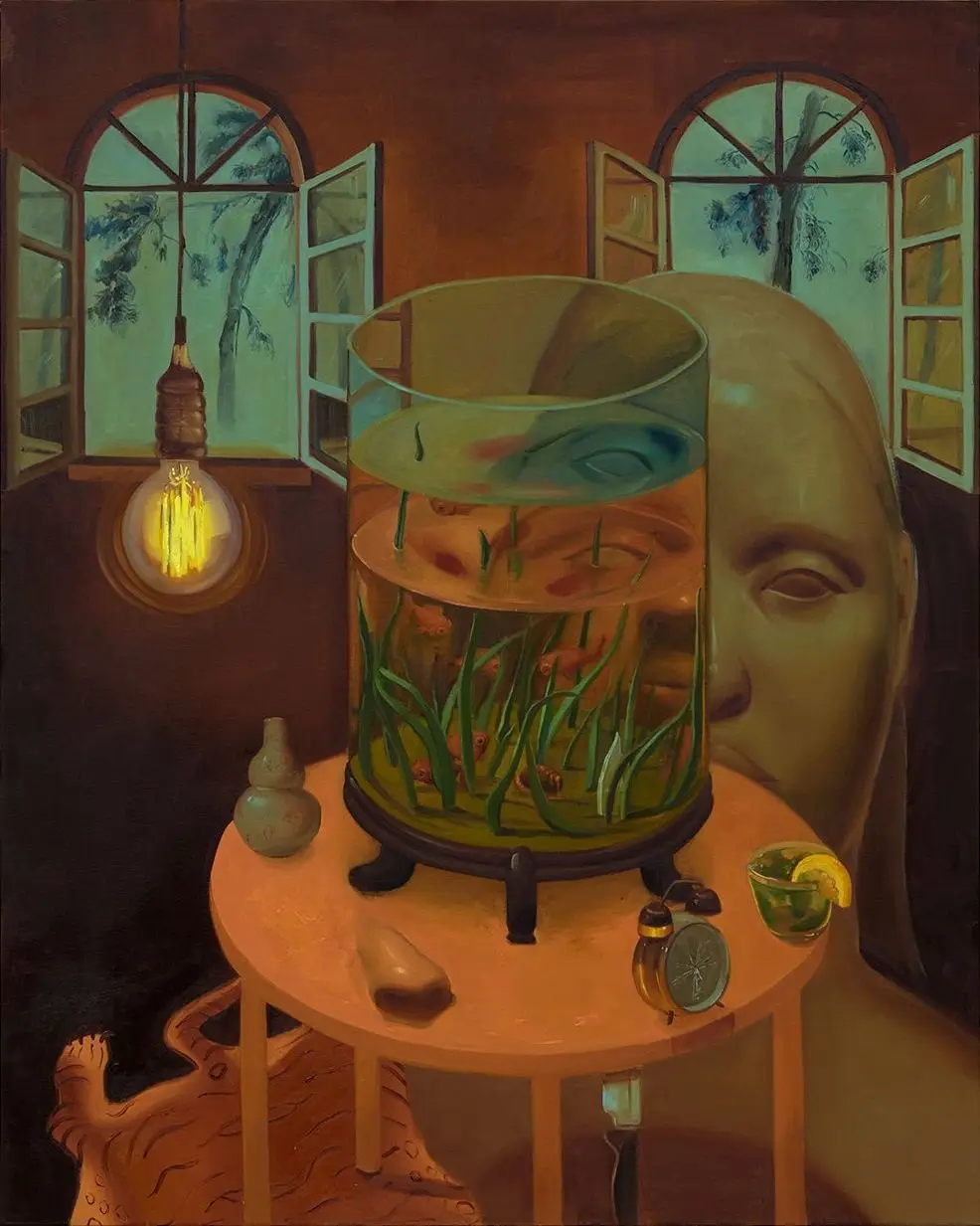 A surreal painting depicts a large fishbowl on a wooden table, containing green plants and small fish, with a human face…