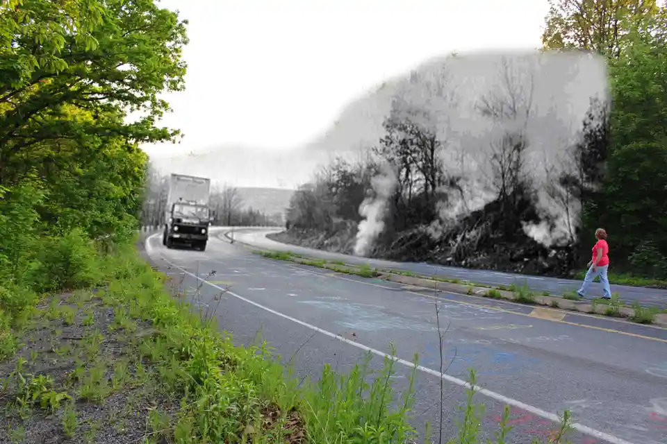 A woman in a red shirt walks calmly on a road covered in chalk drawings, while a large truck approaches. The background is…