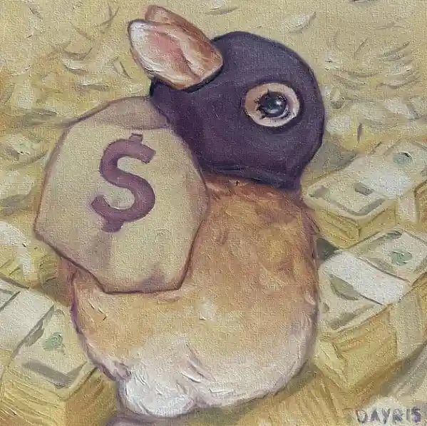 An oil painting depicts a duck wearing a black balaclava, holding a large sack marked with a dollar sign, surrounded by…