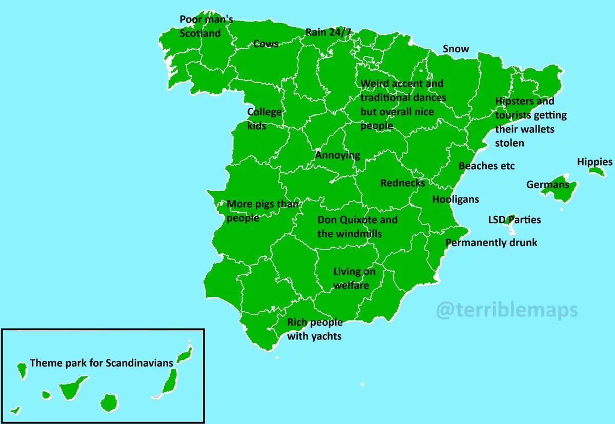 A green map of Spain divided into regions, each labeled with humorous stereotypes like 'Poor man's Scotland', 'Rain 24/7'…