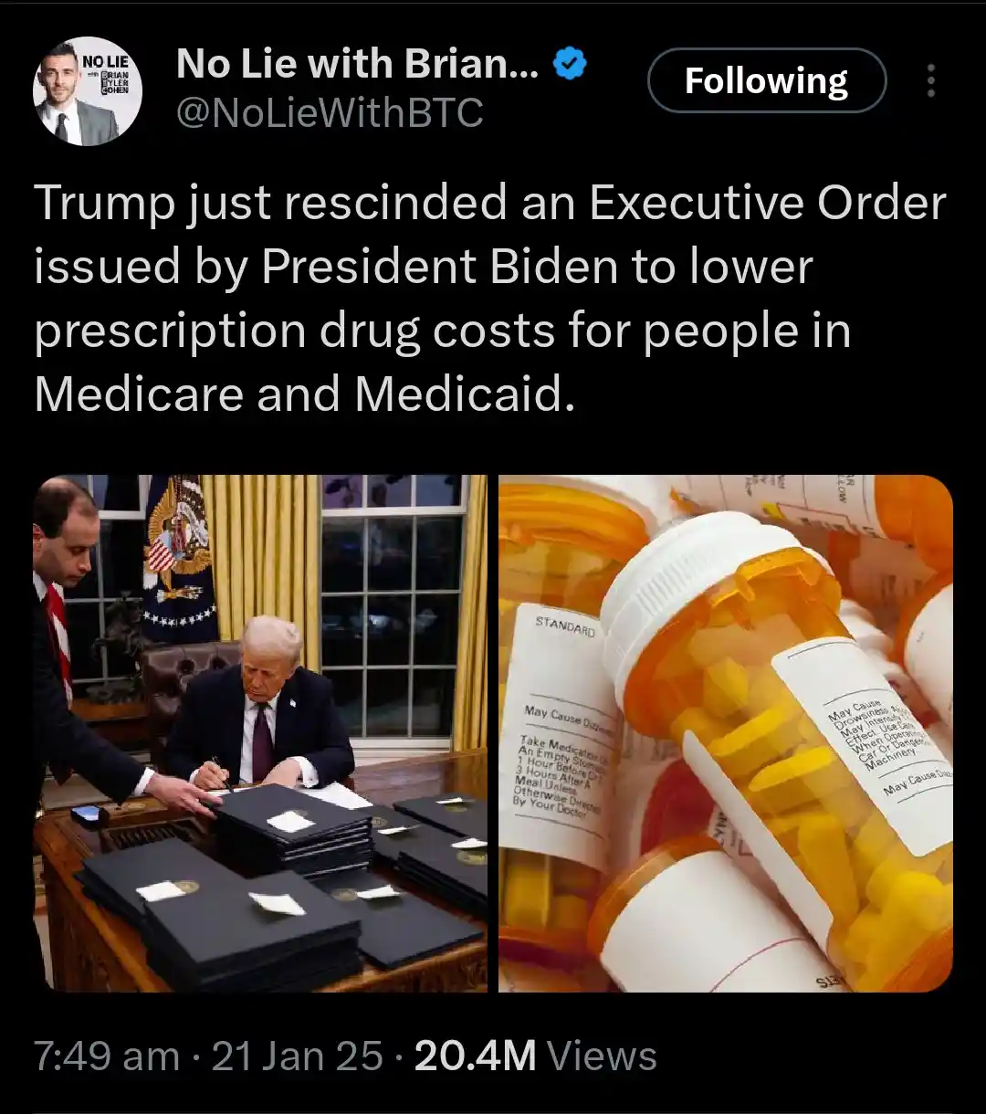 A split-screen image shows Donald Trump signing documents at a desk in the Oval Office, juxtaposed with a close-up of…
