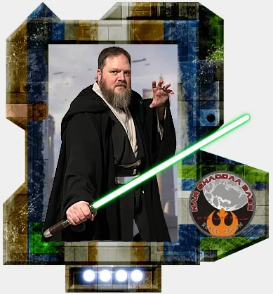 A man with a beard and black robe holds a green lightsaber, framed like a Star Wars poster. The image has a collage border…