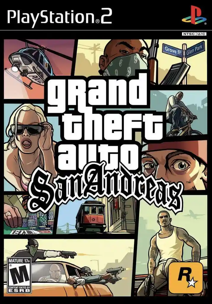 The image is the official cover art for the PlayStation 2 game Grand Theft Auto: San Andreas, featuring a collage of scenes…