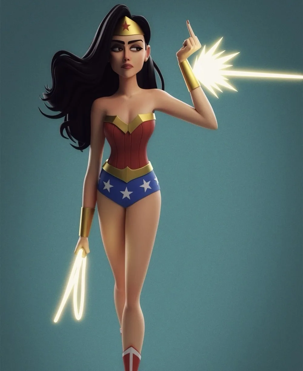 a stylized illustration of Wonder Woman in her iconic red, blue, and gold costume with a star-adorned tiara, holding her…