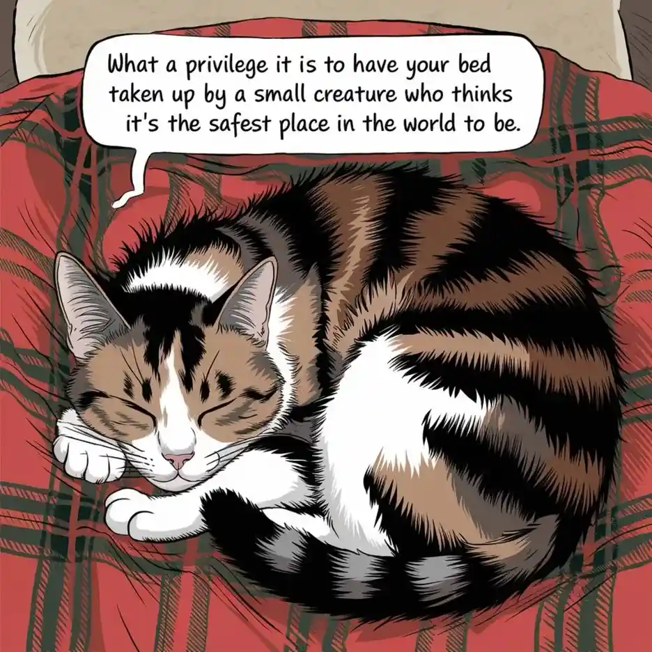 A cartoon calico cat is curled up and sleeping soundly on a red plaid blanket. A speech bubble above the cat contains the…