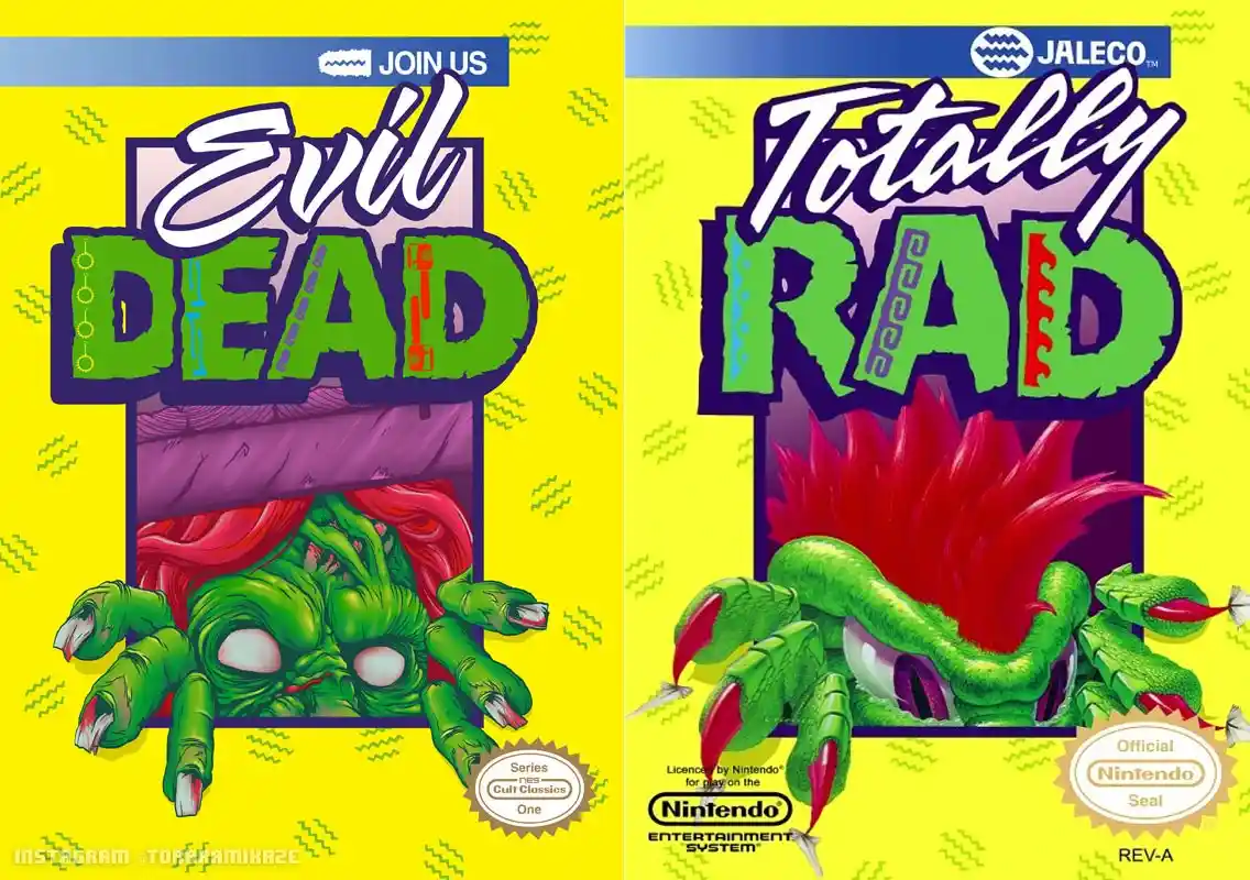 The image displays two side-by-side mock video game covers with identical yellow backgrounds and green monster artwork. The…