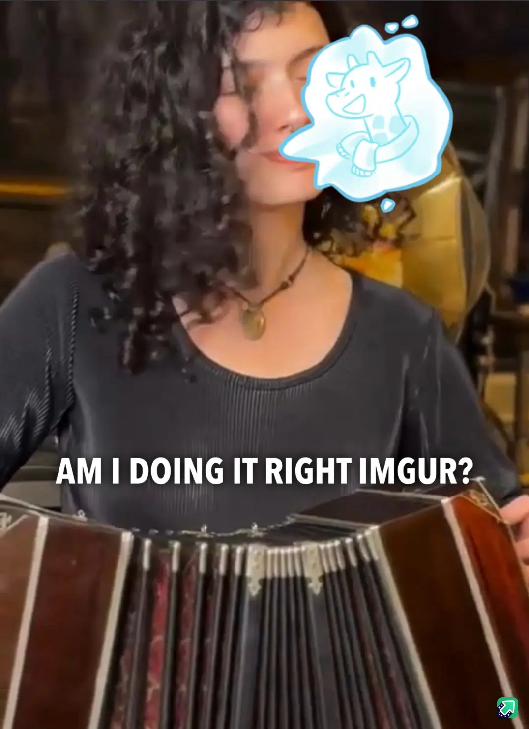A person with dark curly hair and a black top is holding an accordion, looking slightly upward with a thoughtful expression…