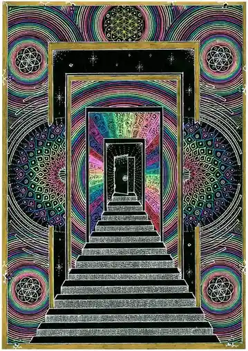 A psychedelic, colorful artwork depicts a long staircase leading to a door framed by repeating geometric patterns and…