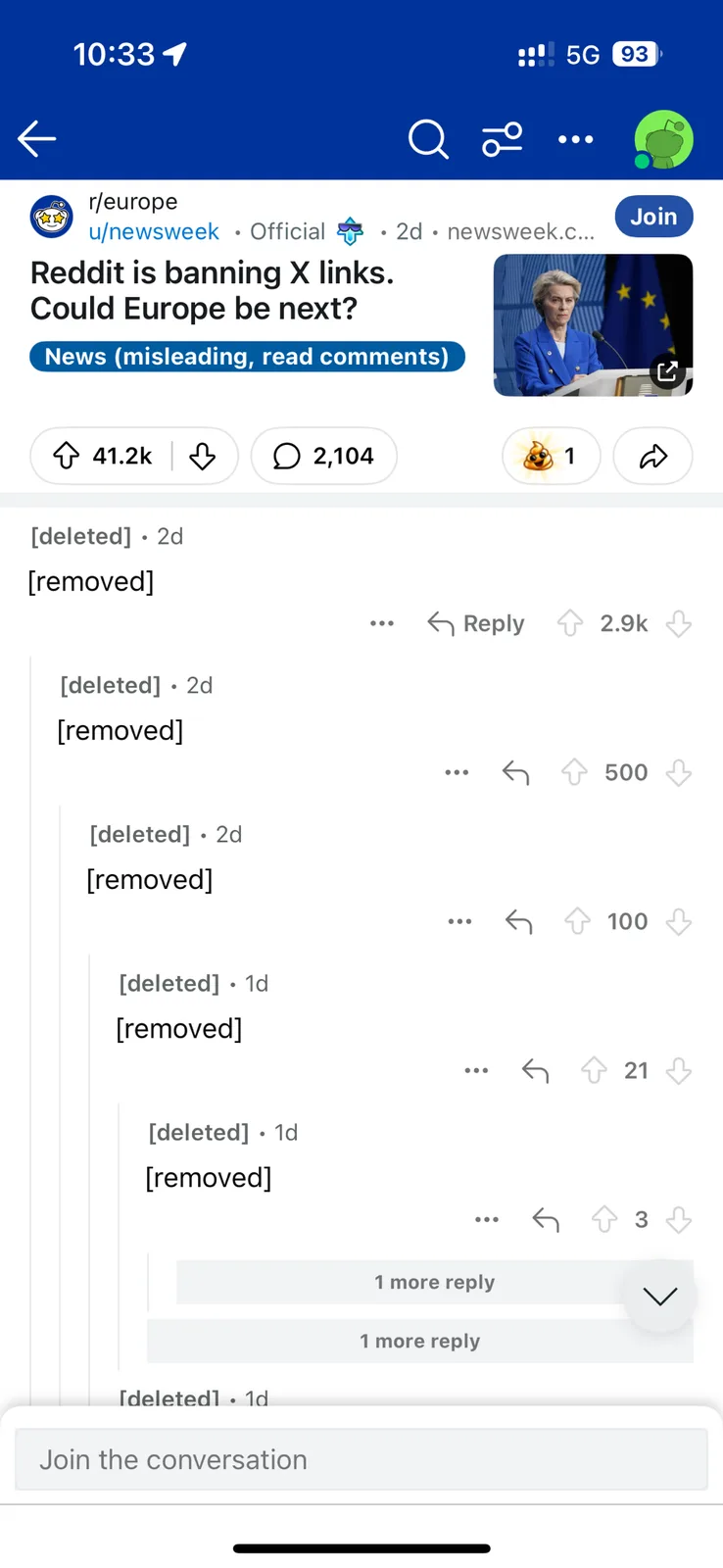 A screenshot of a Reddit post from r/europe by u/newsweek, featuring a headline about Reddit banning X links and speculating…
