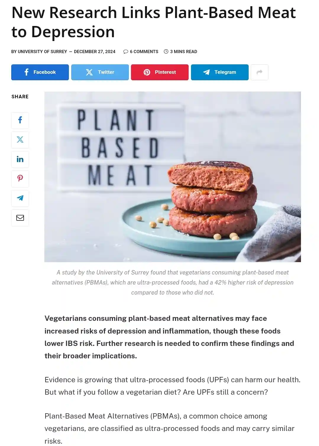 An image of a news article with the headline 'New Research Links Plant-Based Meat to Depression' by the University of…