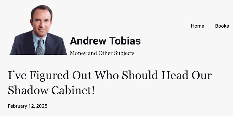 A screenshot of a webpage header showing a photo of Andrew Tobias, with the title 'I've Figured Out Who Should Head Our…