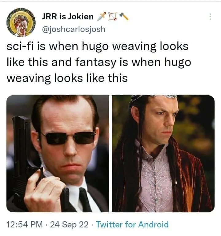 The image displays a side-by-side comparison of actor Hugo Weaving. On the left, he appears in a dark suit, holding a gun…