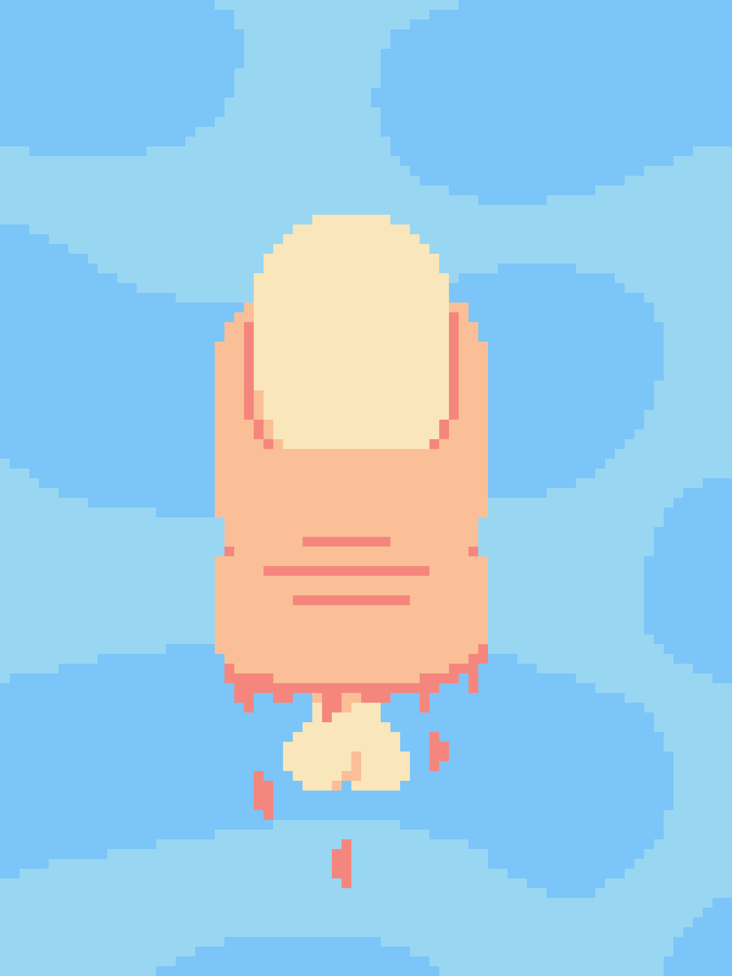 A pixelated, low-resolution image shows a bald baby with a simple face and a diaper, floating in a light blue sky with…