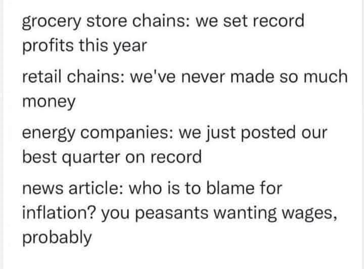 A white background with black text listing corporate statements about record profits followed by a news article blaming…