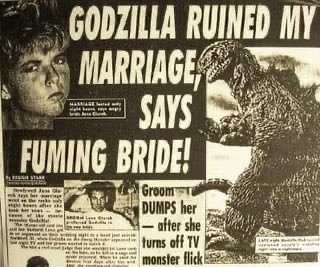 A black-and-white newspaper clipping shows a distressed bride on the left and Godzilla on the right, with bold text…
