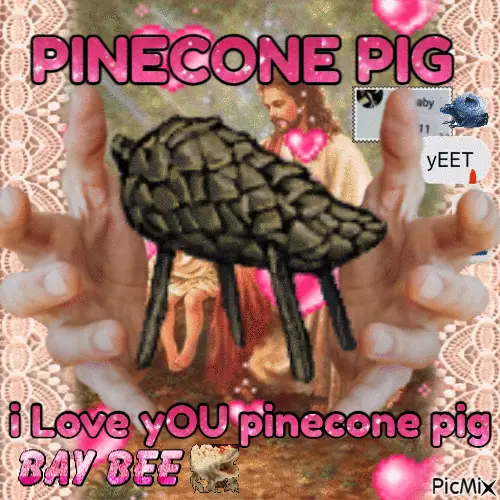 The image displays a grid of six identical panels showing a hand holding a pinecone with four legs, resembling a pig. Behind…