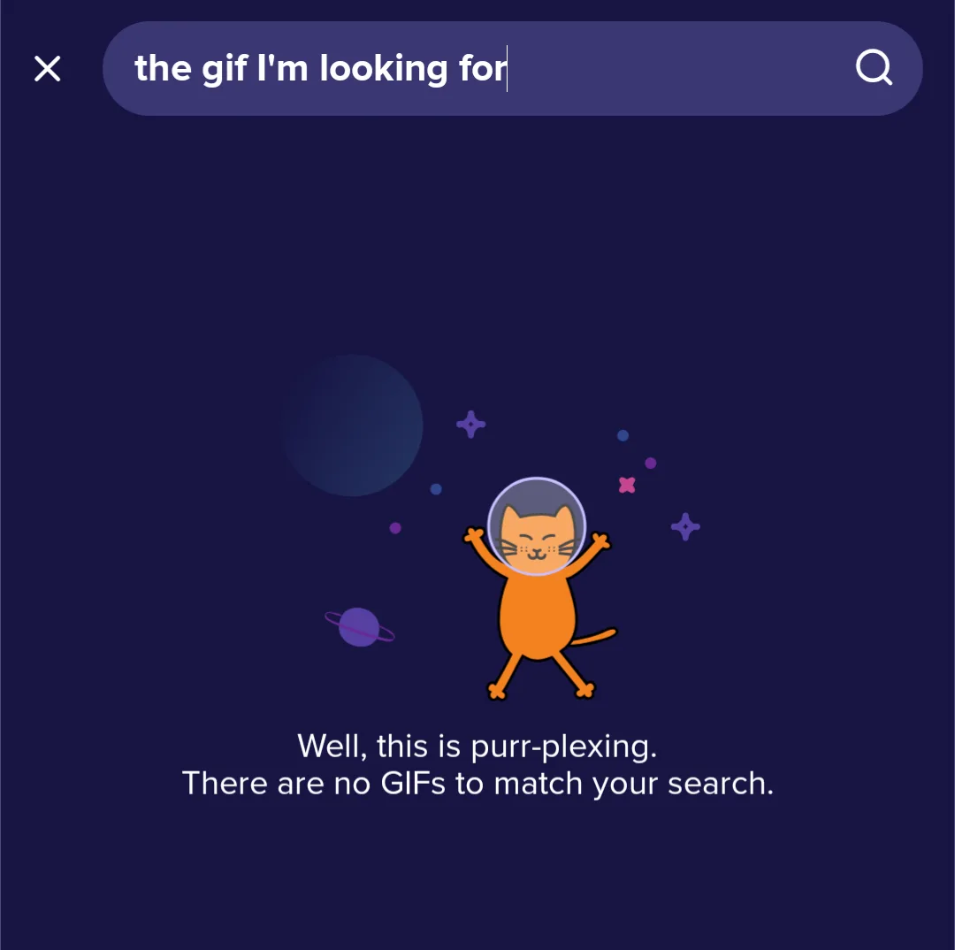 An orange cartoon cat wearing a space helmet floats in space with planets and stars around it, below a search bar that reads…