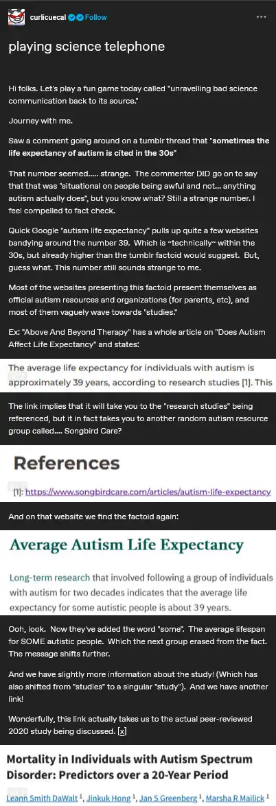 A screenshot of a social media post detailing a chain of misleading claims about autism life expectancy, starting from a…