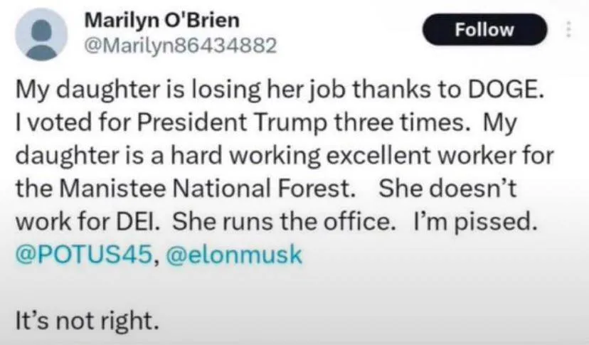 A screenshot of a tweet from user Marilyn O'Brien (@Marilyn86434882) expressing outrage that her daughter lost her job at…