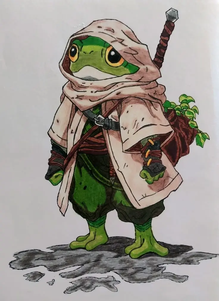 A hand-drawn illustration of a small green frog wearing a beige hooded robe, green pants, and carrying a sword on its back…