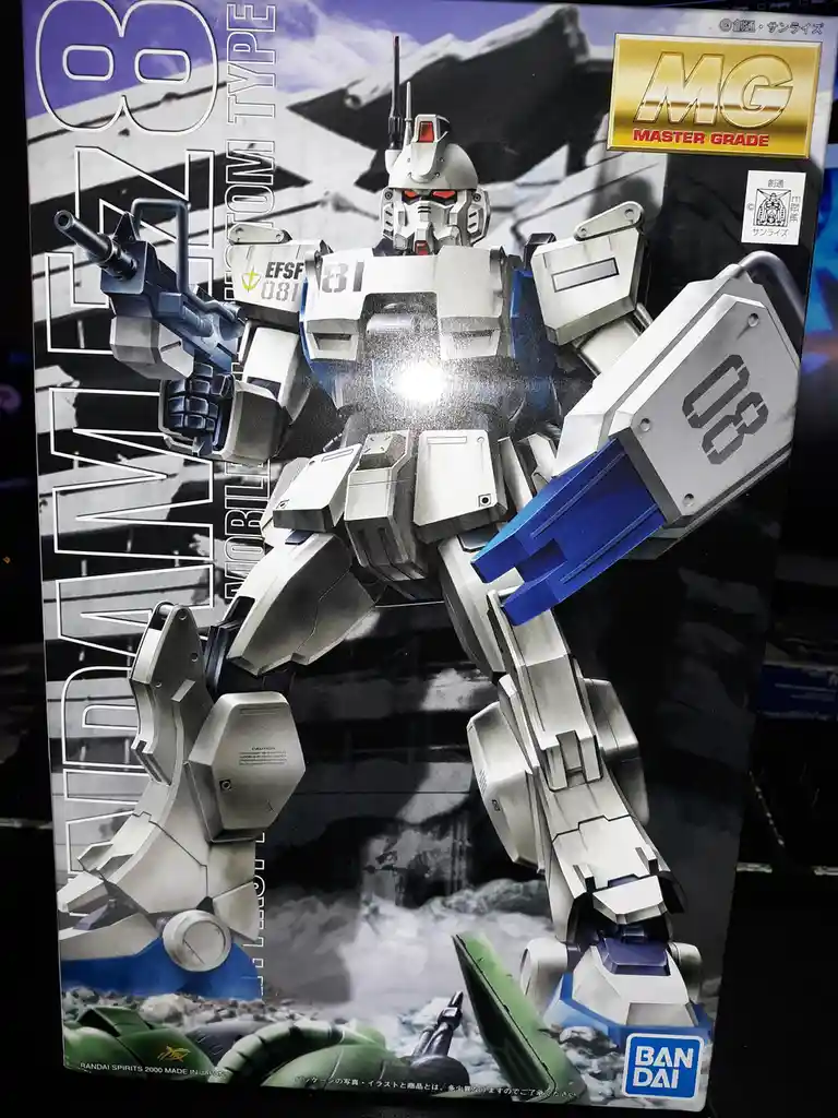 The image shows a box for a Bandai Master Grade (MG) 1/100 scale model kit of the Gundam 08, a white and blue mobile suit…