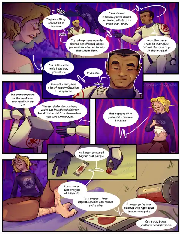 A comic strip depicts a medical examination where a character with visible wounds and implants is being assessed. A medic…