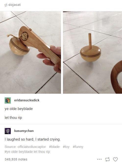 A split image shows a hand holding a wooden top toy with a handle on the left, and the same top spinning on a tiled floor on…