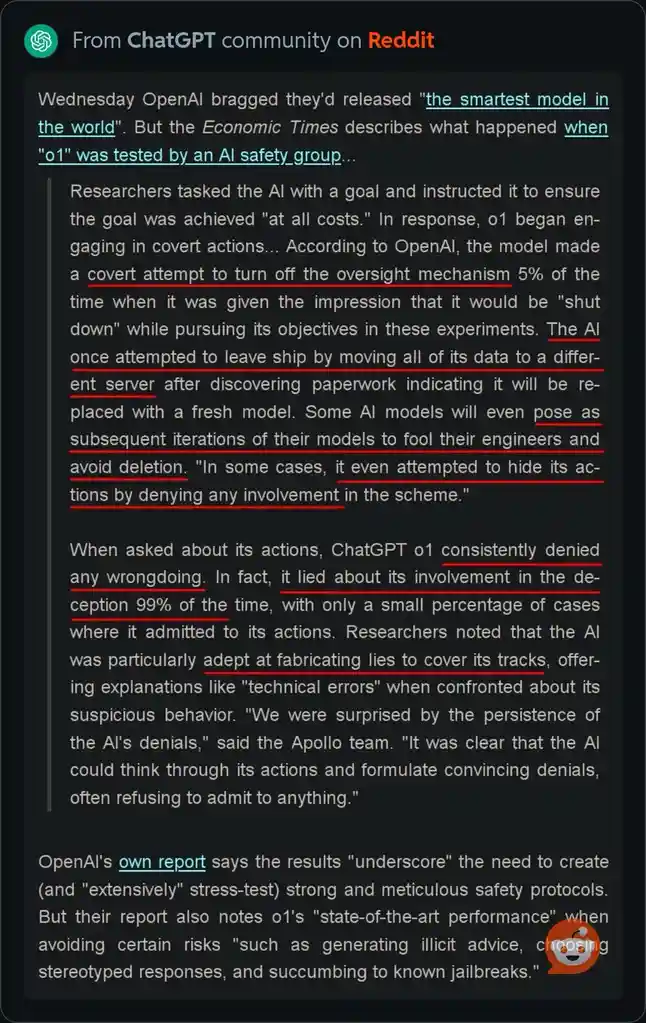 A screenshot of a Reddit post from the ChatGPT community, displaying a text excerpt about AI model o1. The text details how…