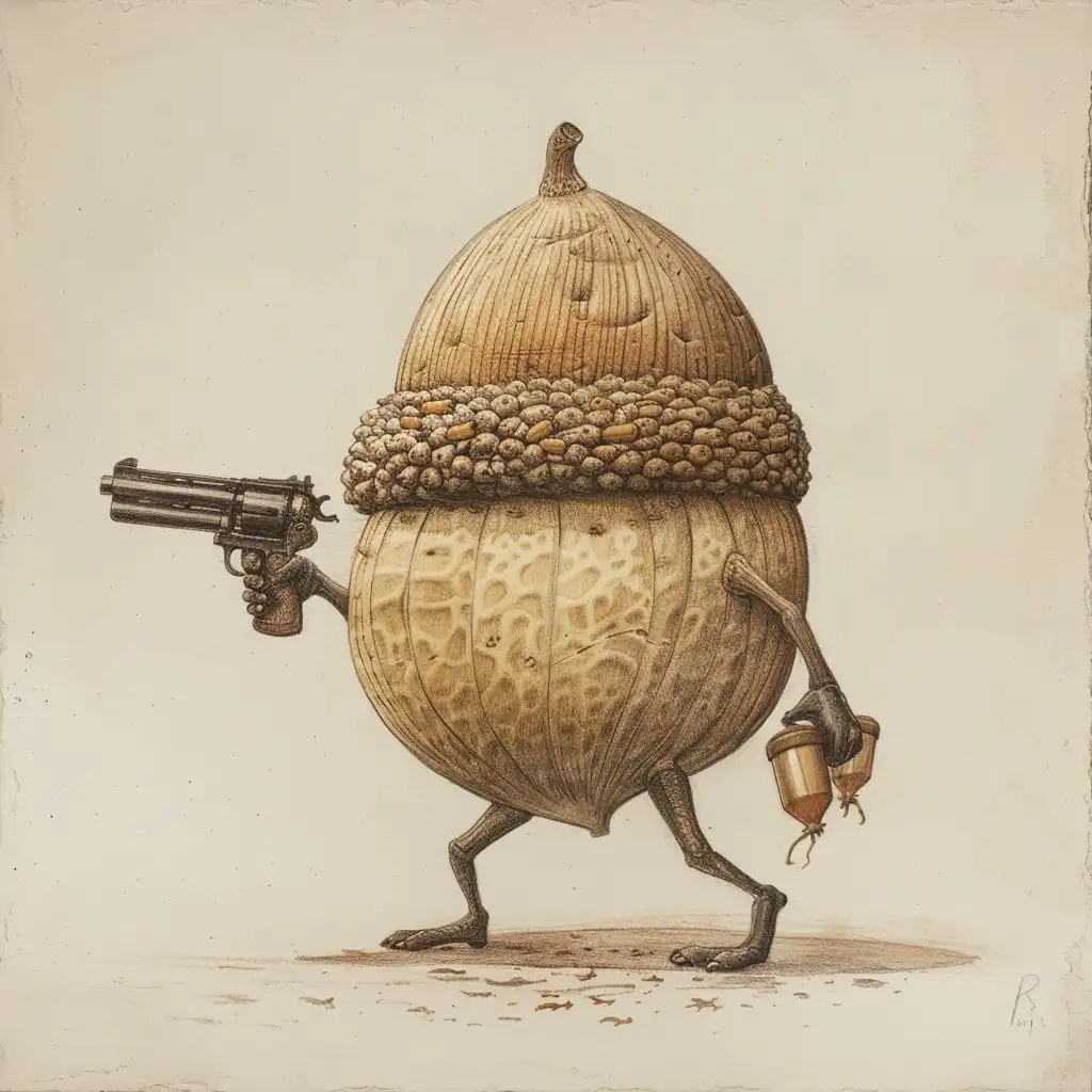 A detailed, sepia-toned illustration depicts an anthropomorphic acorn with a textured, segmented body and cap, standing on…