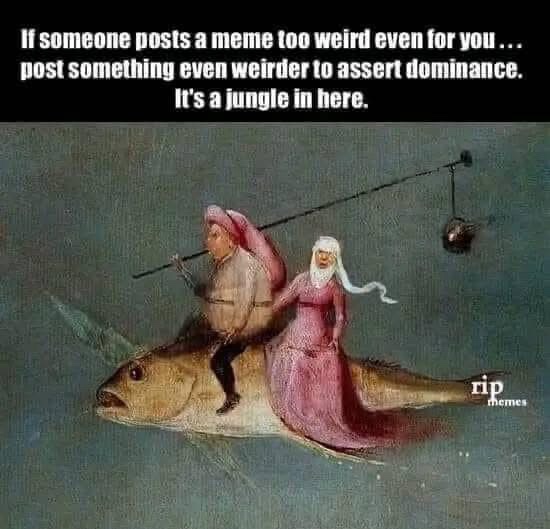 The image shows two people dressed in medieval-style clothing riding a large fish through water. The man wears a pink hat…