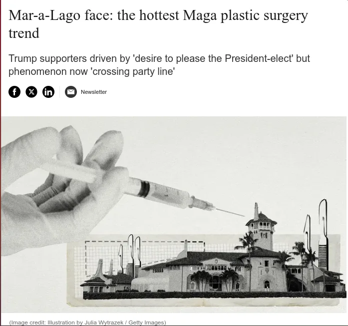 A black-and-white illustration shows a hand holding a syringe aimed at the Mar-a-Lago estate, with the headline 'Mar-a-Lago…