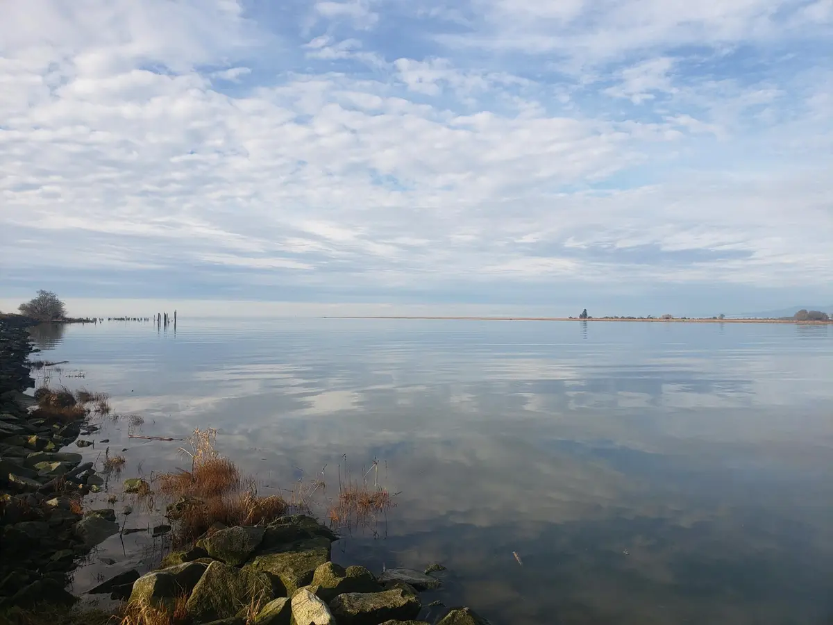 A calm, wide shot of a lake with a rocky shoreline in the foreground, reflecting a partly cloudy blue sky. The water is…