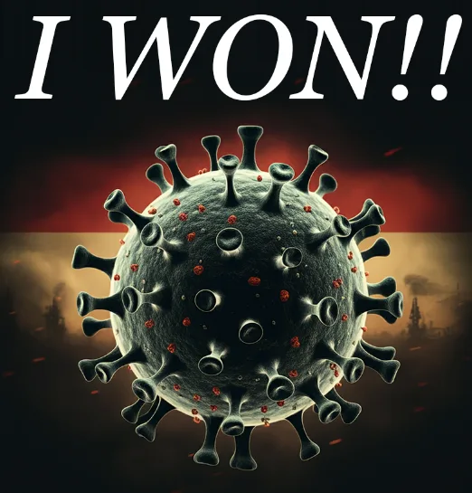 A large, detailed 3D rendering of a coronavirus particle with red spots is centered against a dark, smoky background…