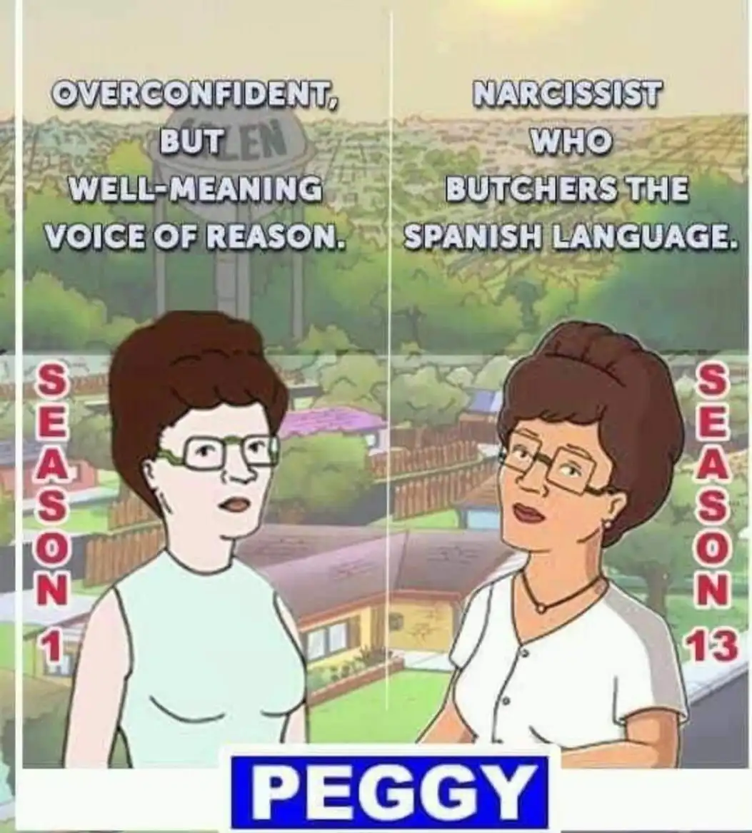 The image shows two side-by-side panels of the animated character Peggy from 'Bob's Burgers', labeled 'SEASON 1' and 'SEASON…