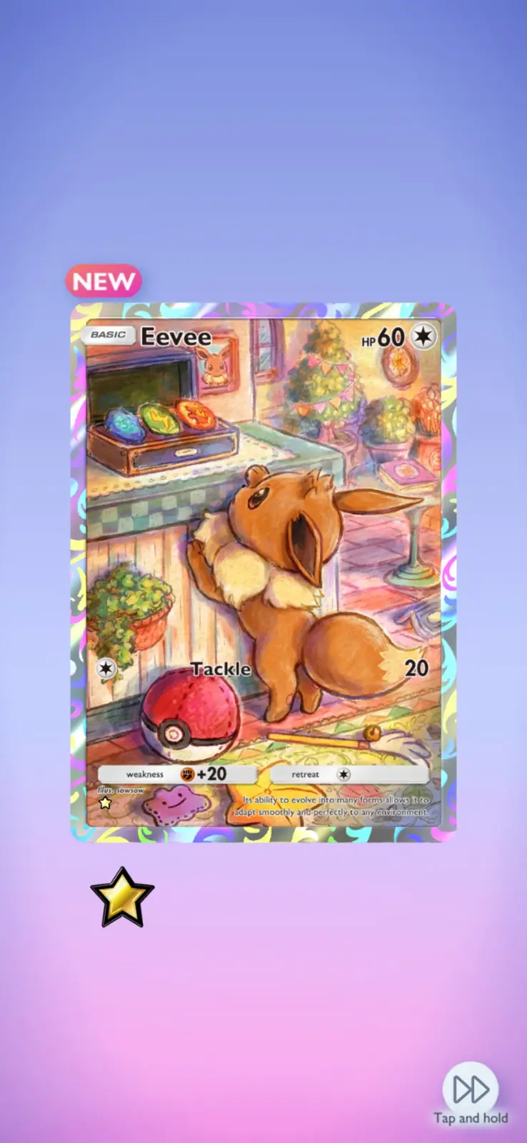A Pokémon trading card featuring Eevee, a small brown fox-like creature, standing on its hind legs and looking up at a…