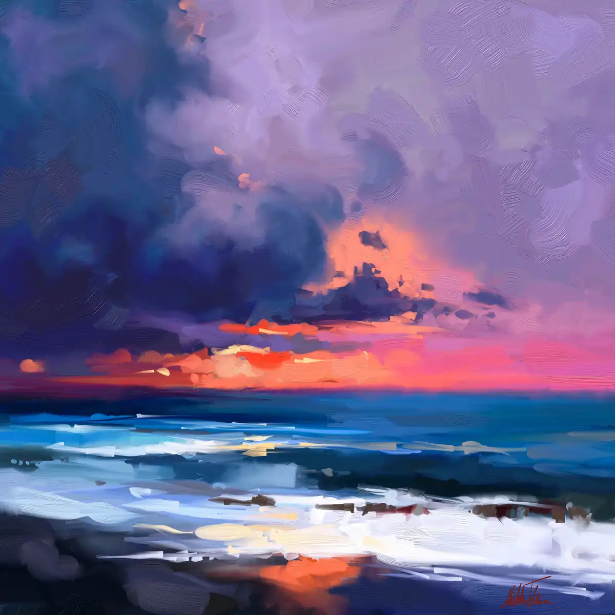A digital painting of a dramatic sunset or sunrise over water, featuring swirling clouds in deep purples and blues with…