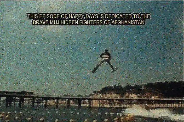 A grainy, low-resolution image shows a person mid-air, seemingly jumping or falling over a body of water with a bridge and…
