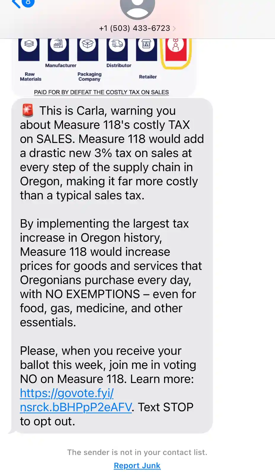 A screenshot of a text message from an unknown sender, identified as 'Carla', warning about 'Measure 118's costly TAX on…