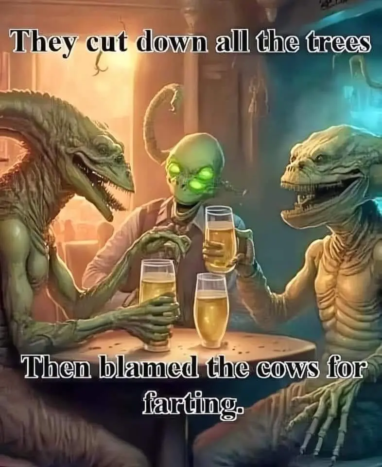 Three green-skinned alien creatures sit around a table in a dimly lit bar, each holding a glass of beer. The text overlaid…