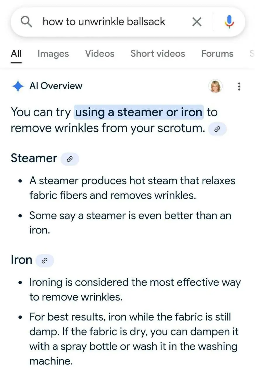A screenshot of a Google search results page for 'how to unwrinkle ballsack', showing an AI Overview that suggests using a…