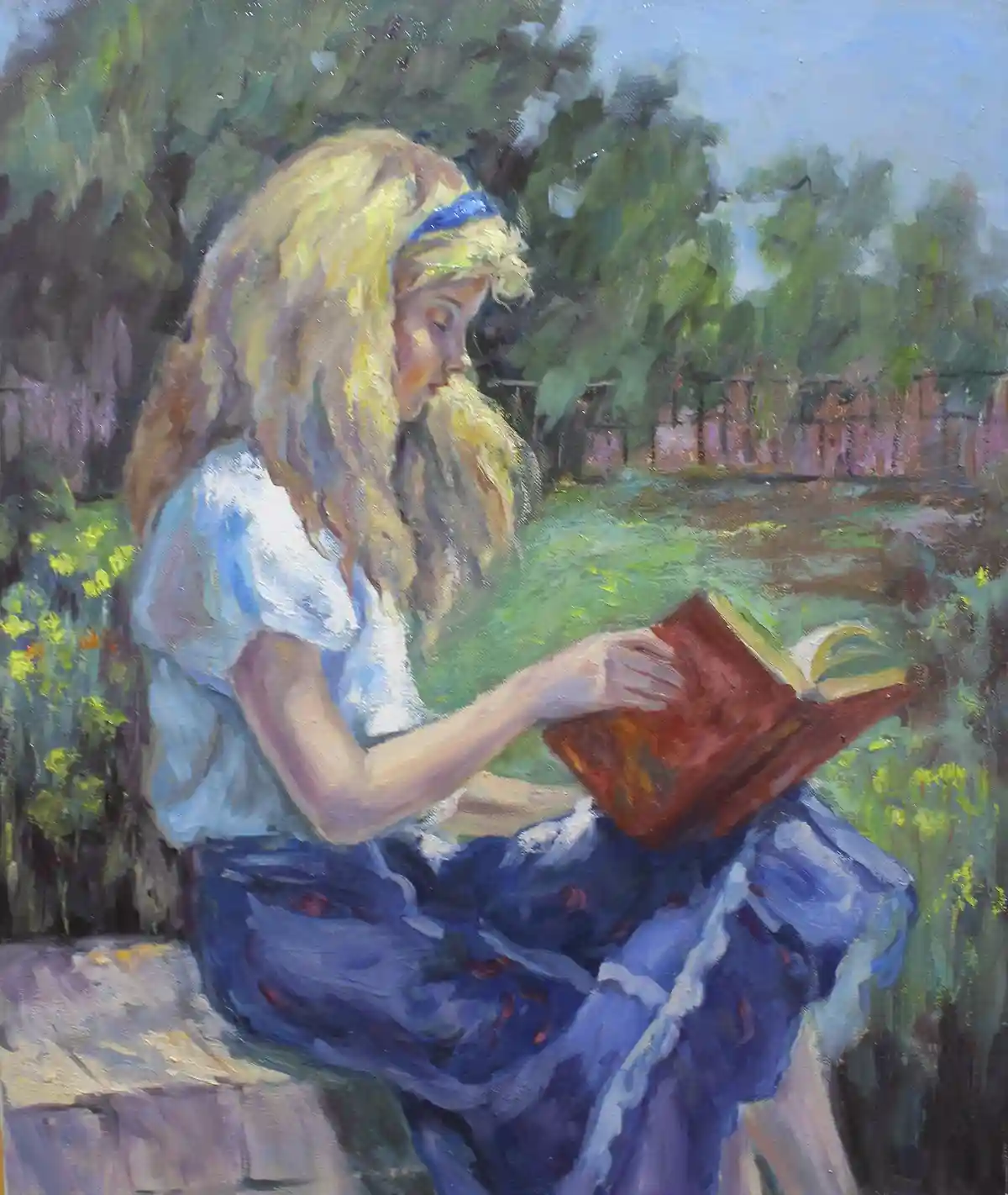 An oil painting depicts a young woman with long blonde hair and a blue headband, wearing a white blouse and blue skirt…