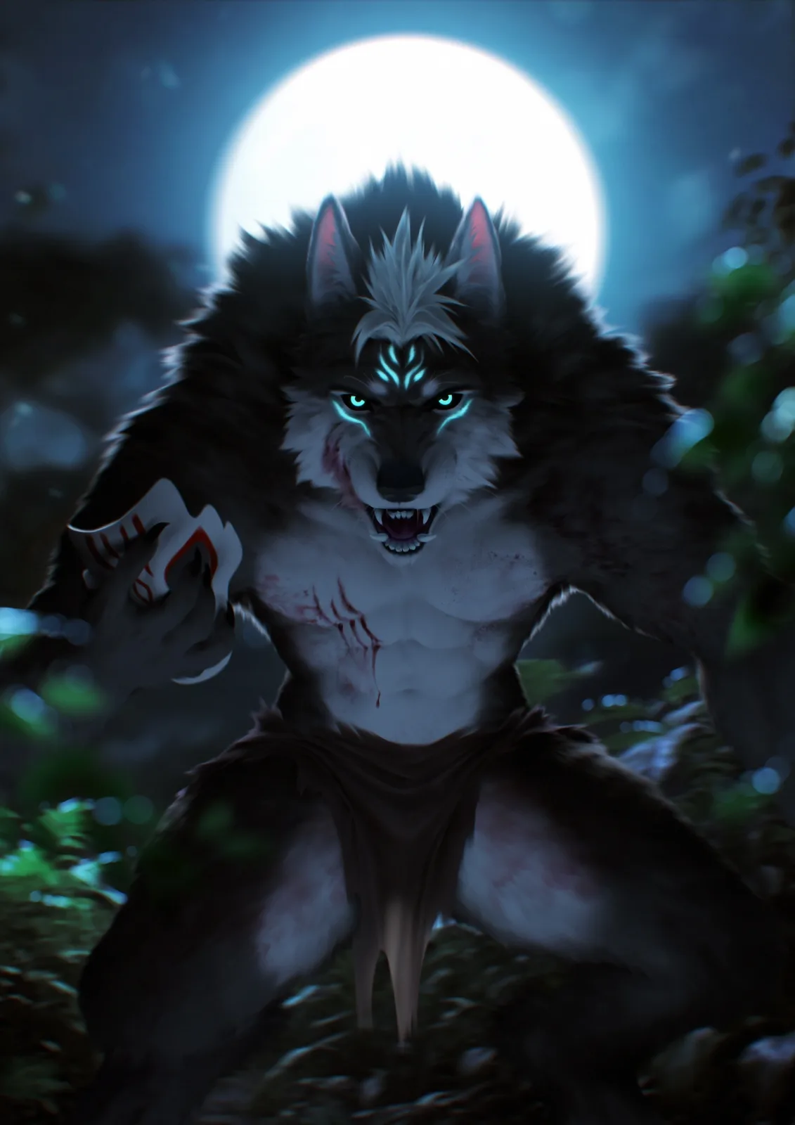 A muscular, anthropomorphic werewolf with glowing blue eyes and markings, crouching under a full moon in a forest, holding a…
