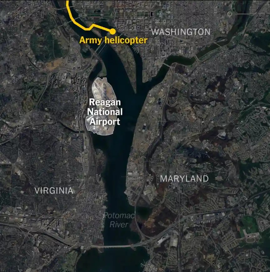 A satellite map view of Washington D.C. and surrounding areas, highlighting Reagan National Airport with a white label and a…